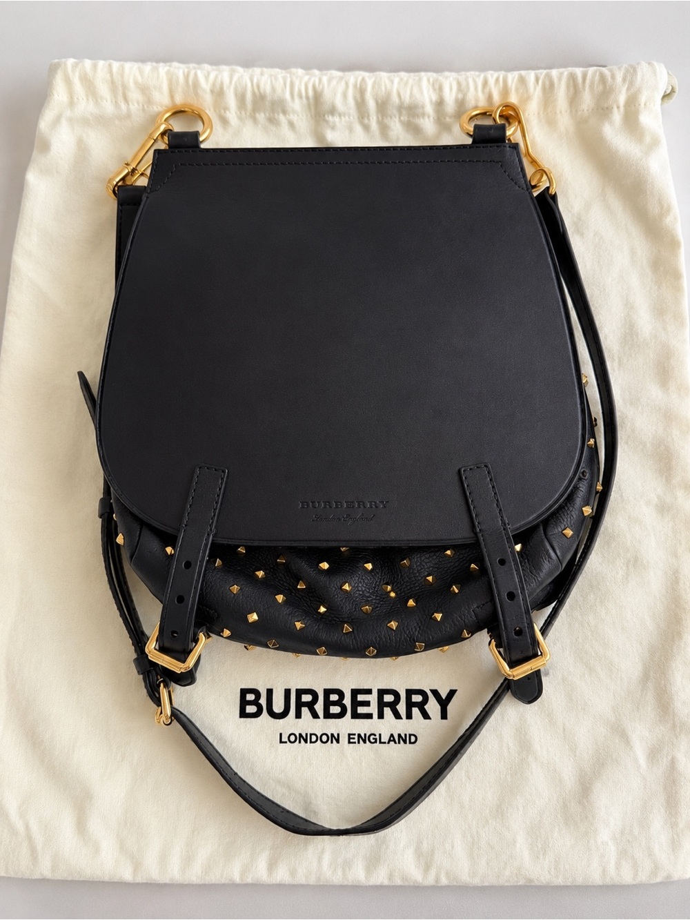 Burberry Black Leather Saddle Crossbody with Gold Studs